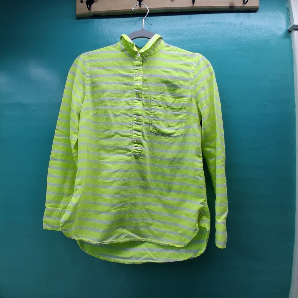 J.Crew Popover Shirt XXS Neon Lime Green Striped Linen Blend Preppy Coastal